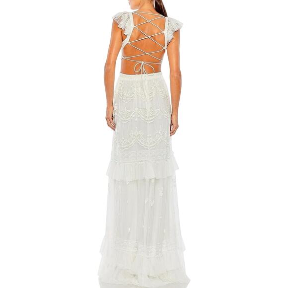 Mac Duggal NWT Lace Up Back Ruffle Skirt Dress in White Size 10 - Picture 2 of 8